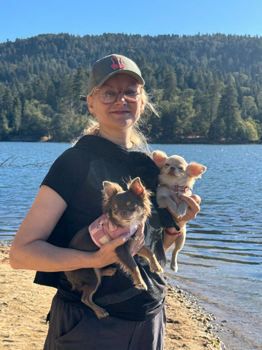 Two chihuahuas held by their caretaker at a California mountain lake