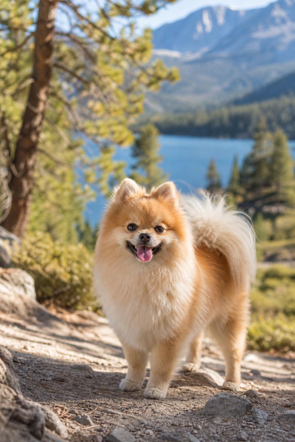 Pomeranian on a sunlit lakeside trail in the California mountains