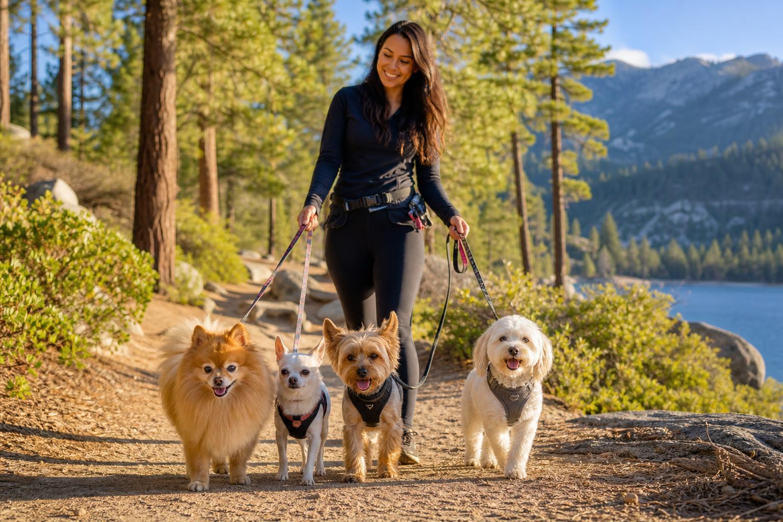 Small dogs walking with a handler on a pine-lined mountain path by the lake