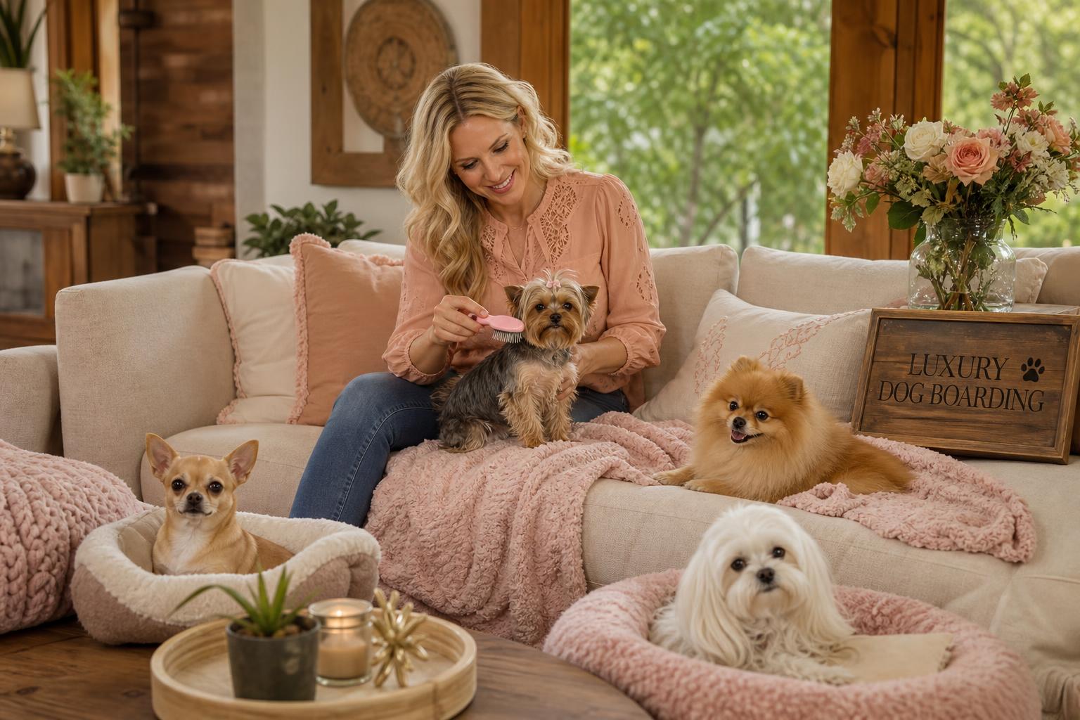 Small dogs relaxing in a cozy luxury boarding home with a lake and mountain view