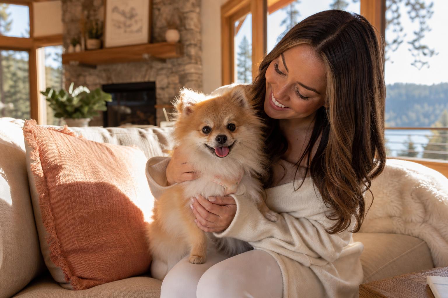 Happy pet parent holding a fluffy Pomeranian in a cozy California mountain cabin with lake views