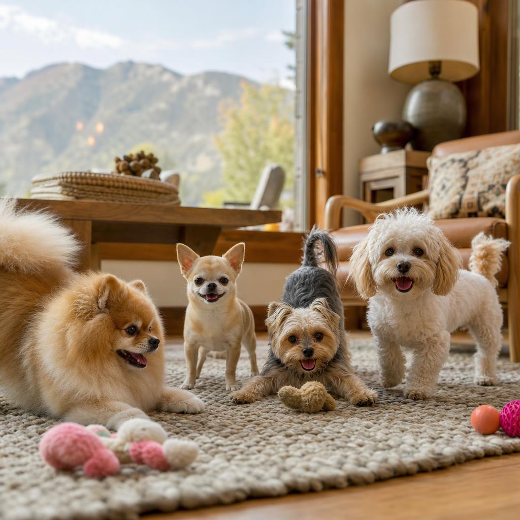 Small dogs relaxing and playing in a cozy mountain home